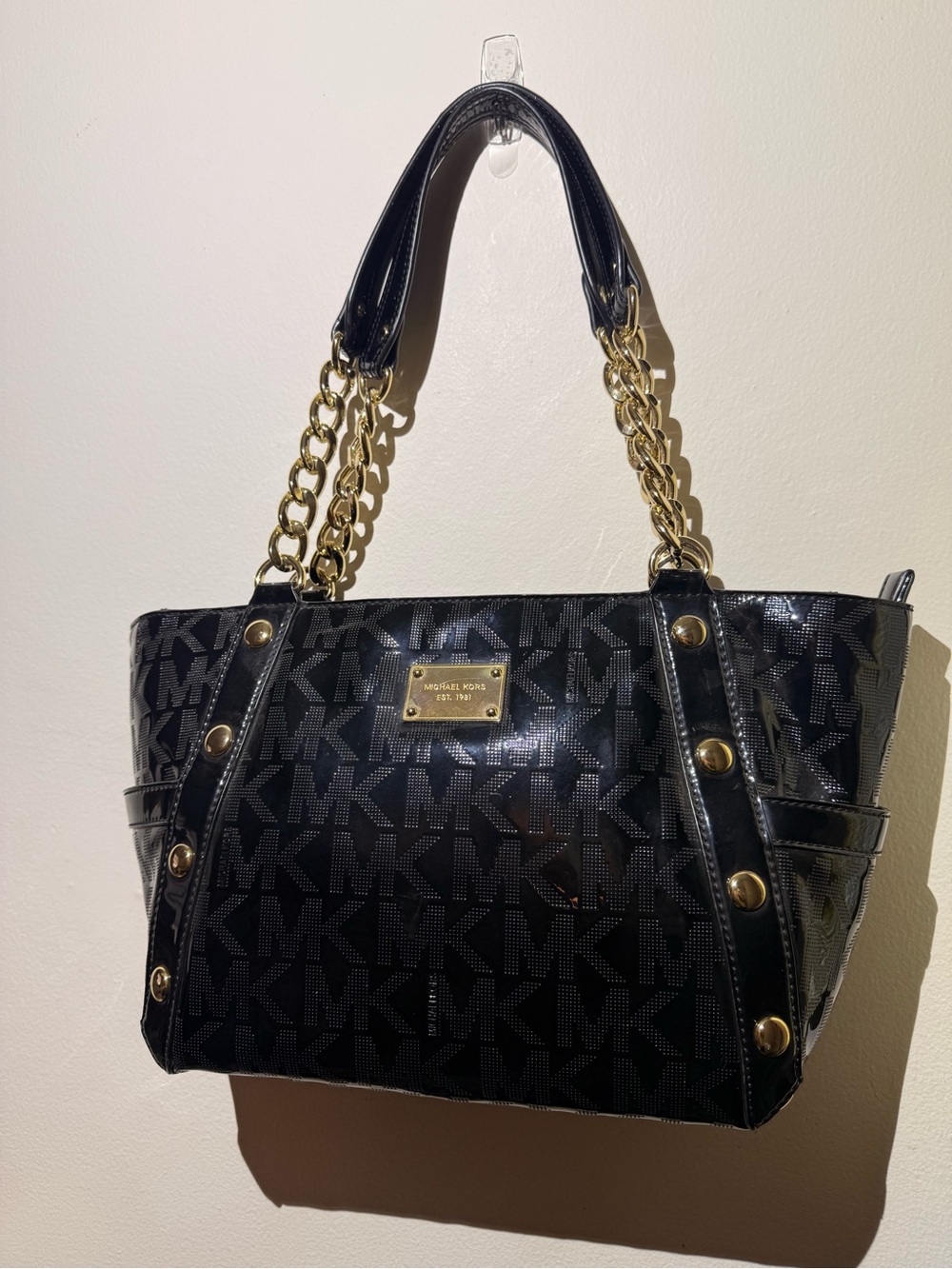 Michael Kors Black MK Logo Shoulder Tote with Gold Chain Handles